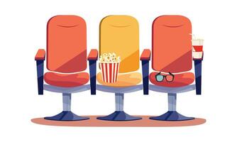 Chairs, popcorn, 3d glasses and soda for movie watching. Isolated on white background. Horizontal banner in flat style. illustration vector