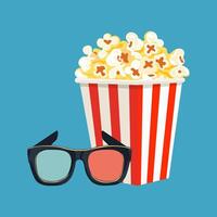 Popcorn and 3d glasses for watching movie isolated on turquoise background. Elements on the theme of the movie theater. Snacks. illustration. vector
