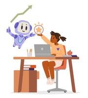 African american school sitting at desk with laptop taking star from Ai robot. Artificial intelligence in education concept flat illustration isolated on white. vector