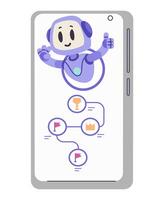Artificial intelligence robot character in education concept flat illustration isolated on white. Ai bot looks out from smartphone showing achievements in studying. vector