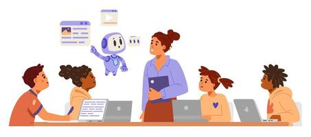 Artificial intelligence in school education concept flat illustration isolated on white. Multiracial school children with laptops and teacher listening to Ai bot explaining some information. vector