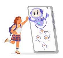 School girl giving high five to Ai robot in smartphone. Artificial intelligence in education concept flat illustration isolated on white. vector