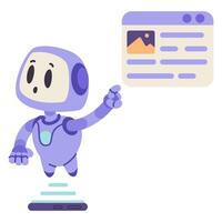 Artificial intelligence robot character for dara search flat illustration isolated on white. Ai bot showing some information concept. vector