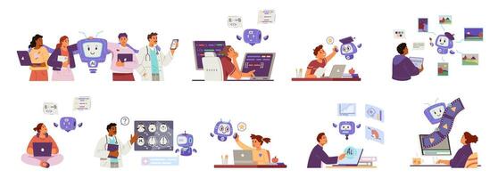 People interacting with artificial intelligence in different spheres concepts set. People using help of AI in programming, business analytics, education, motion design, medicine, blogging. vector