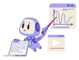 Artificial intelligence robot character in education concept flat illustration isolated on white. Ai bot finding appropriate information and explaning educational material. vector