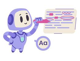 Artificial intelligence robot character in education concept flat illustration isolated on white. Ai bot checking spelling in text. Routine tasks automation concept. vector