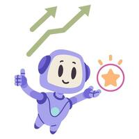 Artificial intelligence robot character flat illustration isolated on white. Ai bot showing thumb up and holding star. Achievements concept. vector