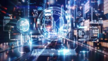 Futuristic global data analysis displaying on virtual screen over cityscape video