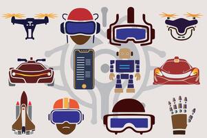 Future technology icon discover a comprehensive set of future technology icons, including drones, VR sets, mobile devices, robots, futuristic cars, rockets, and AI hand symbols vector
