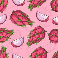 Hand drawn seamless pattern of fully and slices of tropical exotic pink dragon fruit with seeds vector