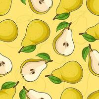 Hand drawn seamless pattern of pair of full and cutout healthy organic yellow pears with green leaf vector