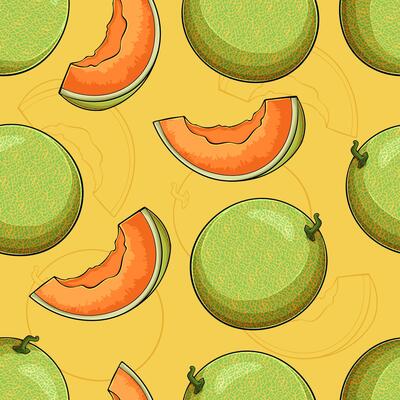 Hand drawn seamless pattern of full and sliced sweet aromatic greenish cantaloupe melon with seeds