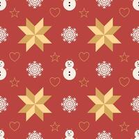 Elegant golden block star and snowman and snowflake with golden star and heart shapes on red background. Seamless pattern for wrapping paper, packaging on Christmas. vector