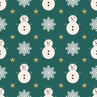 Cute snowman and snowflake with golden star on green background. Seamless pattern for wrapping paper, packaging on Christmas. vector