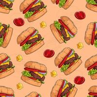 Hand drawn seamless pattern of tasty delicious but unhealthy hamburger with cheese and red tomatoes vector