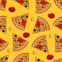 Hand drawn seamless pattern of delicious pizza slice with portion of cheese and organic tomatoes vector