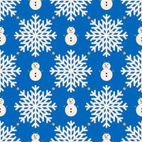 Cute snowflake and snowman with gold dot at the corner of the snowflake on blue background. Seamless pattern for wrapping paper, packaging on Christmas. vector