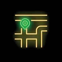Green location pin showing destination on glowing neon city map vector