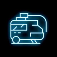 Blue neon icon of a tram running on rails with pantograph up vector