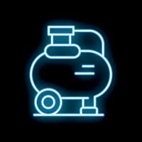 Blue neon sign depicting an air compressor on black background vector