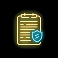 Neon icon of insurance policy document with shield protecting from damage vector