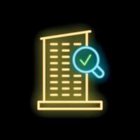 Neon style icon building being inspected passing with checkmark vector