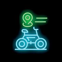 Neon sign showing bike sharing service location with bicycle and gps pin vector