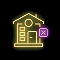 Glowing neon line house with wrong mark icon isolated on black background illustration vector