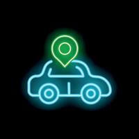 Neon style icon showing a car with a location pin above vector