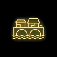 Neon style icon of bridge with houses representing travel and tourism vector