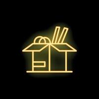 Neon icon of wok takeaway box with noodles and chopsticks glowing vector