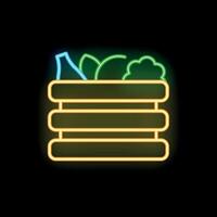 Neon vegetables sitting inside a crate glowing on black background vector