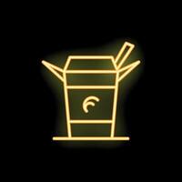 Neon sign of wok takeaway box with chopsticks on black background vector
