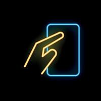 Hand touching smartphone screen neon sign on black background vector