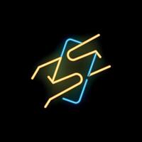 Hands scrolling on smartphone screen neon sign on black background vector