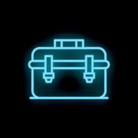 Blue neon toolbox icon glowing against a black background vector