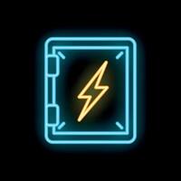 Neon sign of electrical panel with lightning bolt on black background vector