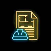 Neon icon of construction plan and safety helmet for engineering project vector