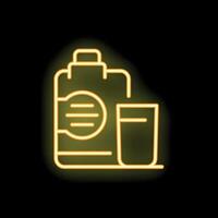 Neon icon of protein powder with scoop and glass of water on black background vector