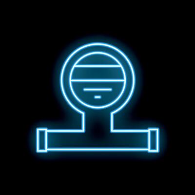 Neon blue glowing water meter icon on black background