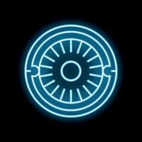Blue neon sign of a round mechanical object with spokes on black background vector