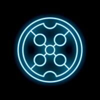 Blue neon icon of a round object with holes and connections forming a cross vector