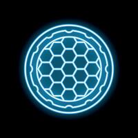 Blue neon sign of honeycomb in circle on black background vector