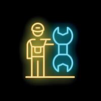 Neon mechanic holding wrench icon on black background vector