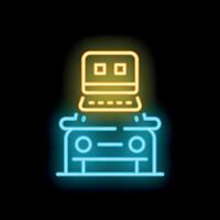 Neon icon of laptop using wireless network to connect with car system vector