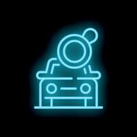 Neon icon of magnifying glass hovering over car for vehicle search concept vector
