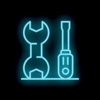 Neon wrench and screwdriver glowing on black background vector