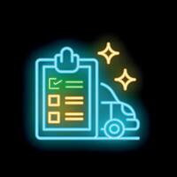 Neon icon of clipboard checklist and shining clean car on black background vector
