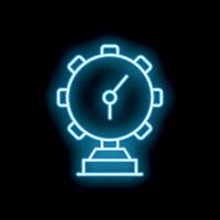 Neon blue clock with cogwheel design on black background vector