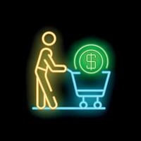 Man pushing shopping cart with dollar coin inside on black background vector